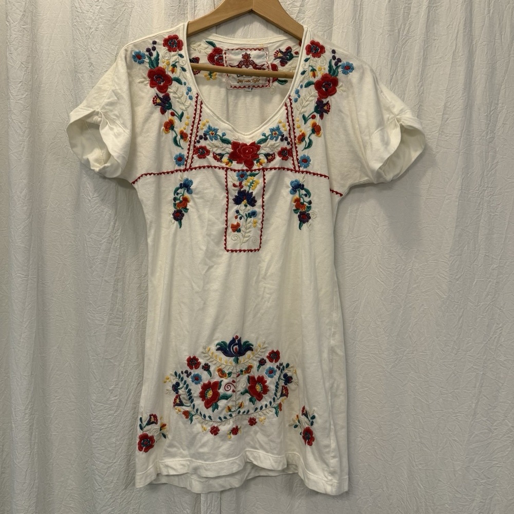Johnny Was Tunic Dress JWLA Floral Embroidered Cotton White XS Boho Festival